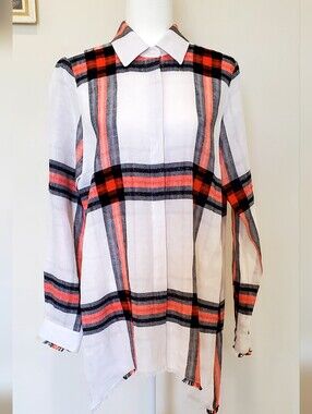 Worth Linen Bl. Button Up Lagenlook Freyed Shark Bite Hem Tunic White/Black Med
